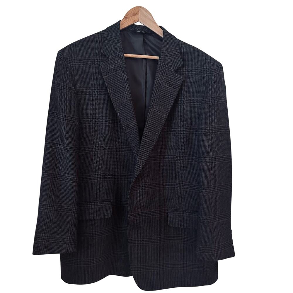 Jos. A Bank 46R Plaid Dark Brown Red 100% Wool Blazer Sport Coat